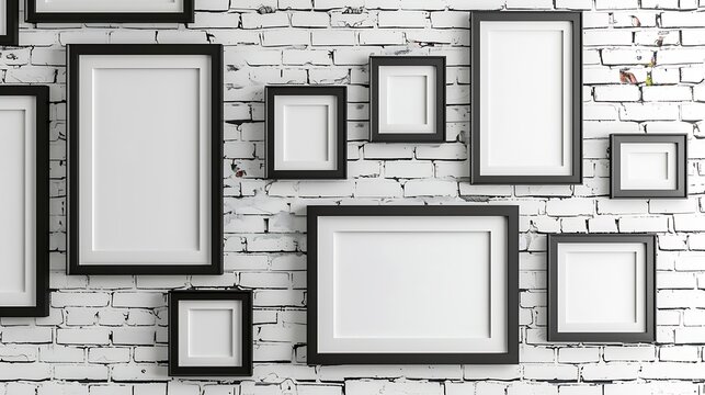 Generative AI : black frames on white brick wall 3