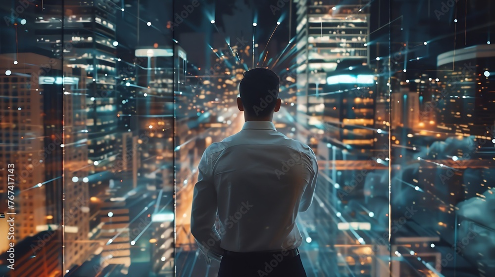 Poster Generative AI : The investor looks at the virtual view of the future object.