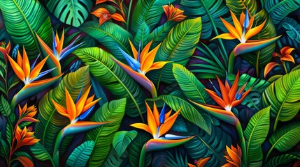  a painting of birds of paradise surrounded by green leaves and orange and blue birds of paradise flowers on a black background.