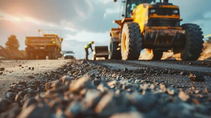 Generative AI : Construction site is laying new asphalt pavement, road construction workers 
