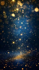 Fototapeta na wymiar Christmas Background with Gold Stars and Sparkling Dark Blue and Gold Particles