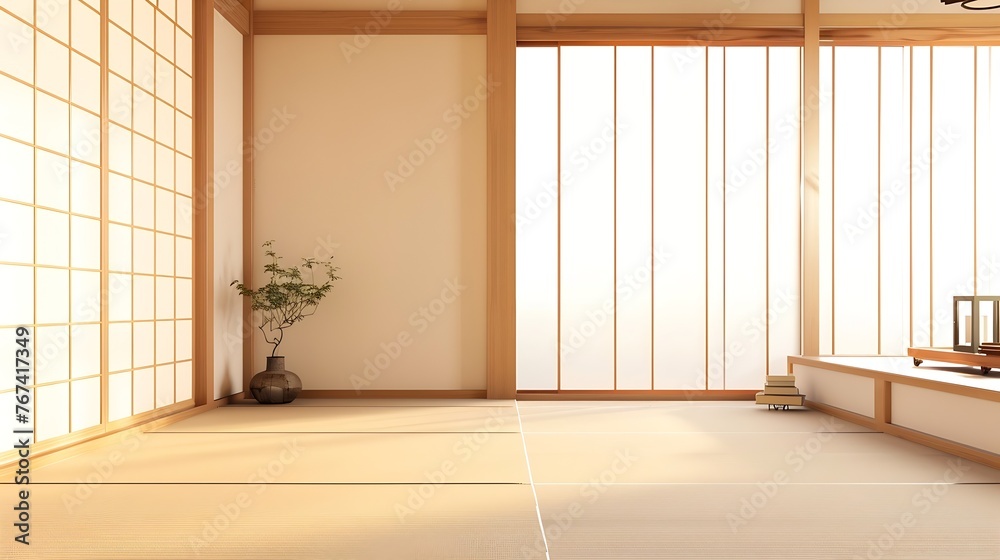 Poster generative ai : empty room,clean japanese minimalist room interior, 3d rendering