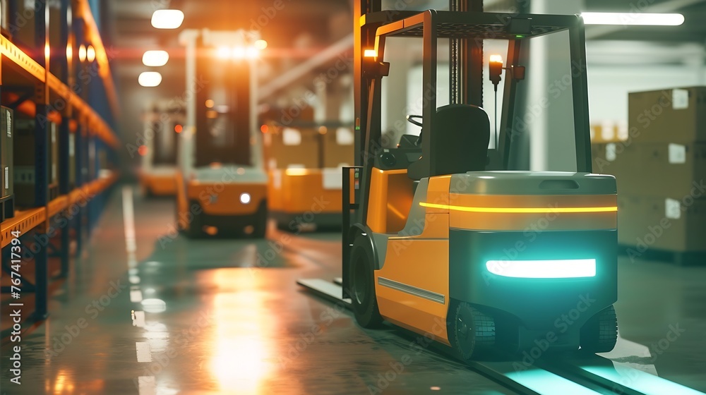 Fototapete Generative AI : Forklift Truck AGV robots efficiently sorting hundreds of parcels per hour(Automated guided vehicle) AGV.3d rendering