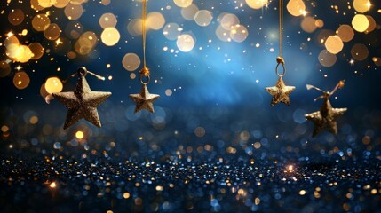 Christmas Background with Gold Stars and Sparkling Dark Blue and Gold Particles - obrazy, fototapety, plakaty