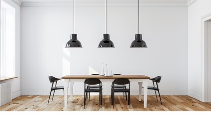 Generative AI : Dining room with white and wood table and six black chairs