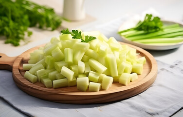 Fototapeta na wymiar fresh celery vegetables cut raw on wooden plate on white table f