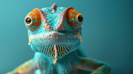 A beautiful chameleon on a green background - obrazy, fototapety, plakaty