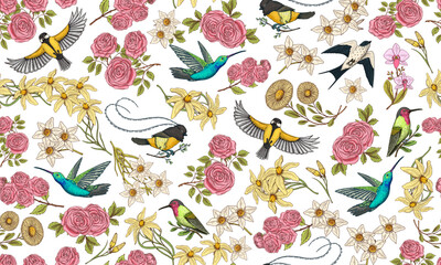 Toile De Jouy banner. Wild bird and exotic plants. Seamless pattern. Eastern landscape. Linear Flowers and roses. Hand drawn sketch in vintage style. - 767417382
