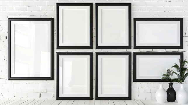 Generative AI : Black wooden photo frames mockup, eight set collection on white bricks wall