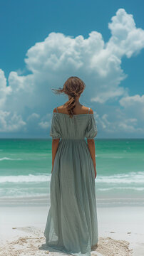 A minimalist pastel beach scene, with a woman in the distance wearing a Long Flowy Beach Cotton Dress. AI generative