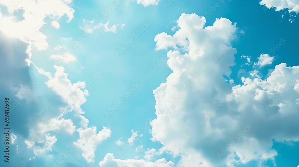 Poster generative ai : blue sky and white clouds. bright blue background. relaxing feeling like being in th