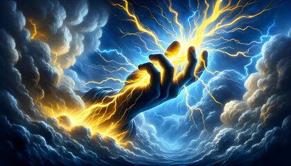 Hand holding up a lightning bolt. Energy and power. Stormy background. Blue glow. Zeus, thor.
