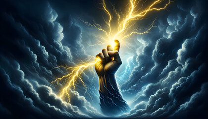 Hand holding up a lightning bolt. Energy and power. Stormy background. Blue glow. Zeus, thor.
 - obrazy, fototapety, plakaty