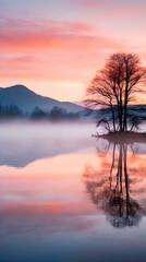 Dawn's Gentle Light: A Serene Lakescape with Morning Mist and Winter Trees in the Gold-Lit Sky Reflecting on Water Surface