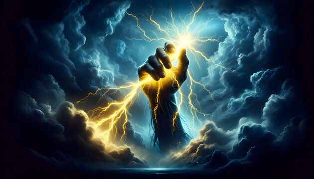 Hand holding up a lightning bolt. Energy and power. Stormy background. Blue glow. Zeus, thor.
