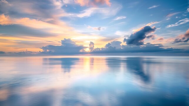 Generative AI : Landscape Long exposure of majestic clouds in the sky sunset or sunrise over sea with reflection in the tropical sea.