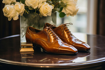 A pair of brown shoes placed on top of a table, showcasing the simple yet stylish design of the footwear.