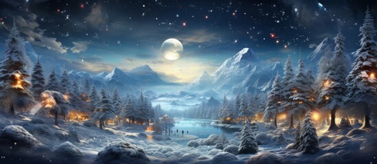 The cloudless sky reveals a full moon casting a silvery glow over the snowy forest landscape, creating a tranquil and mesmerizing atmosphere - obrazy, fototapety, plakaty