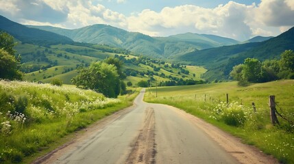 Fototapeta premium Generative AI : country road and green mountains in summer.