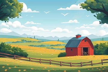 Gardinen Rural landscape with a farm on field. Beautiful nature with sunny green hills, red old barn and blue sky. Country background for card, banner, poster © ratatosk