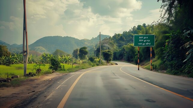 Generative AI : Blank directional road signs with nature landscape in thailand