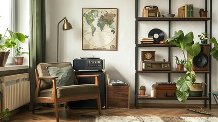 Generative AI : Retro composition of living room interior with mock up poster map, coration and personal accessories in stylish home decor.