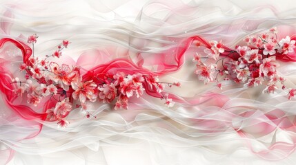  a painting of pink and white flowers on a white and pink background with wavy white and pink lines on the left side of the painting.