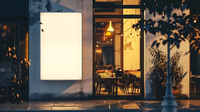 Generative AI : White Paper Poster Mockup Displayed Outside The Building Restaurant. Marketing And Business Concept.