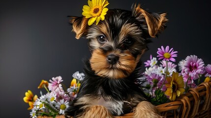 Generative AI : yorkshire terrier puppy with flowers