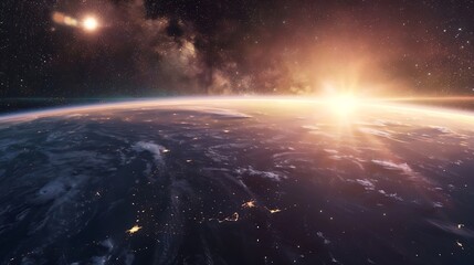 Generative AI : Panoramic view of the Earth, sun, star and galaxy. Sunrise over planet Earth, view from space. - obrazy, fototapety, plakaty
