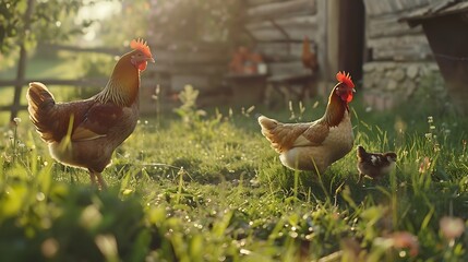Generative AI : Rural yard. Hen and chickens in a grass in a farm. Free range chickens in a rural yard