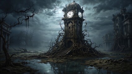 Surreal, nightmarish scene of a decaying clock tower in a swamp - obrazy, fototapety, plakaty