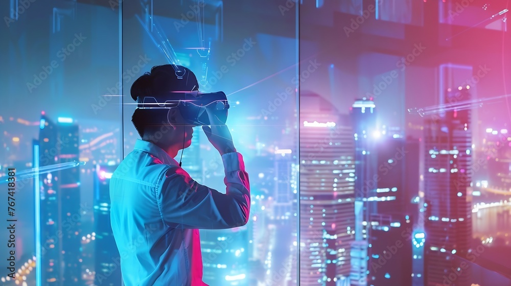 Poster generative ai : the investor looks at the virtual view of the future object.