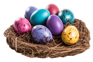 colorful collection of painted easter eggs PNG on a nest isolated on a white and transparent background - Easter celebration spring decoration holiday advertising concept