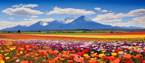A picturesque natural landscape featuring a field of colorful flowers with mountains in the...