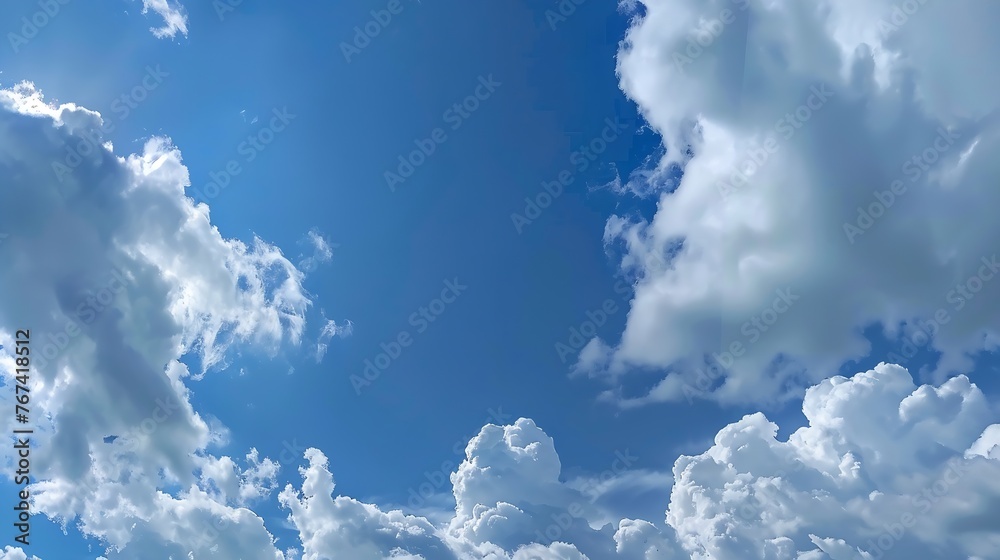 Poster generative ai : blue sky and white cloud panorama on summer. good weather day background with copy s