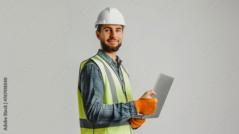 Poster generative ai : a handsome male engineer or architect with a white helmet. male engineer standing wi