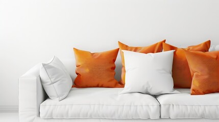 Generative AI : White and orange square pillows on white cozy seat sofa, flat image, blank copy space