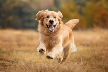 A happy dog runs through an open field