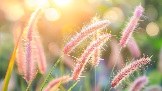 Grass flowers in the nature background with sun set, soft focus the beautiful a flower in the garden