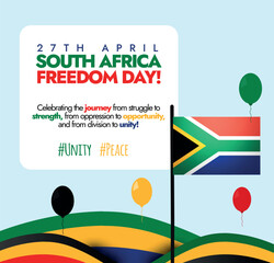 27th April South Africa Freedom Day design post. Includes Big South African flag and multiple geometric abstract shapes and patterns Vector illustration. Vector illustration of Africa national day