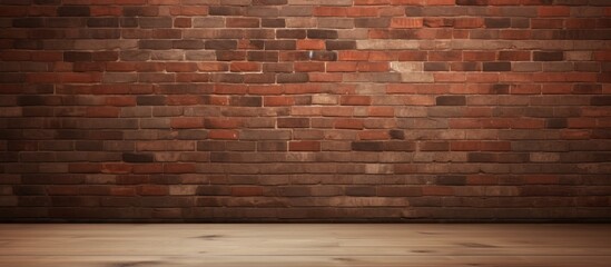 A room featuring a brown brick wall and a hardwood floor, showcasing the contrast between the brickwork and wood flooring - obrazy, fototapety, plakaty