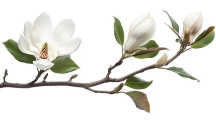 Obraz premium Generative AI : Magnolia liliiflora flower on branch with leaves, Lily magnolia flower isolated on white background
