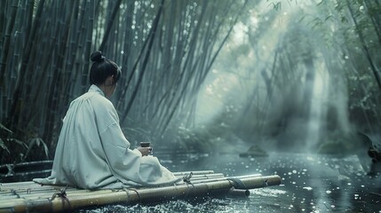 In a bamboo forest after the rain, a man wearing white ancient Chinese clothing is sitting on a bamboo raft.- - obrazy, fototapety, plakaty