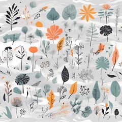 A collection of seamless pattern, colorful abstract plants and flowers. Hand drawn Collection of leaves and flowers. A close up of a pattern of flowers and leaves.

