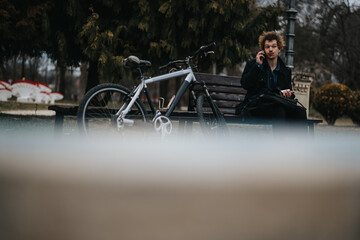 Naklejka premium A male businessperson taking a call and working remotely on his notebook while sitting in a park with his bicycle nearby.