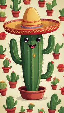 Cartoon Cactus And Sombrero For Cinco De Mayo.