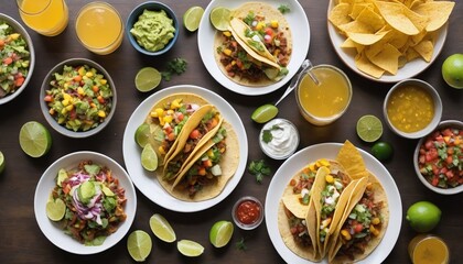 Table Set With Tacos, Mango Salsa, Nachos, Guacamole, And Lemon Beer For Cinco De Mayo.
