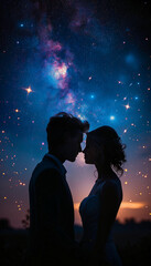wedding in a starry night, bride and groom. ai generative