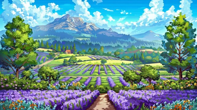 a painting of a lavender field with a path leading to a house in the distance and a mountain in the distance.